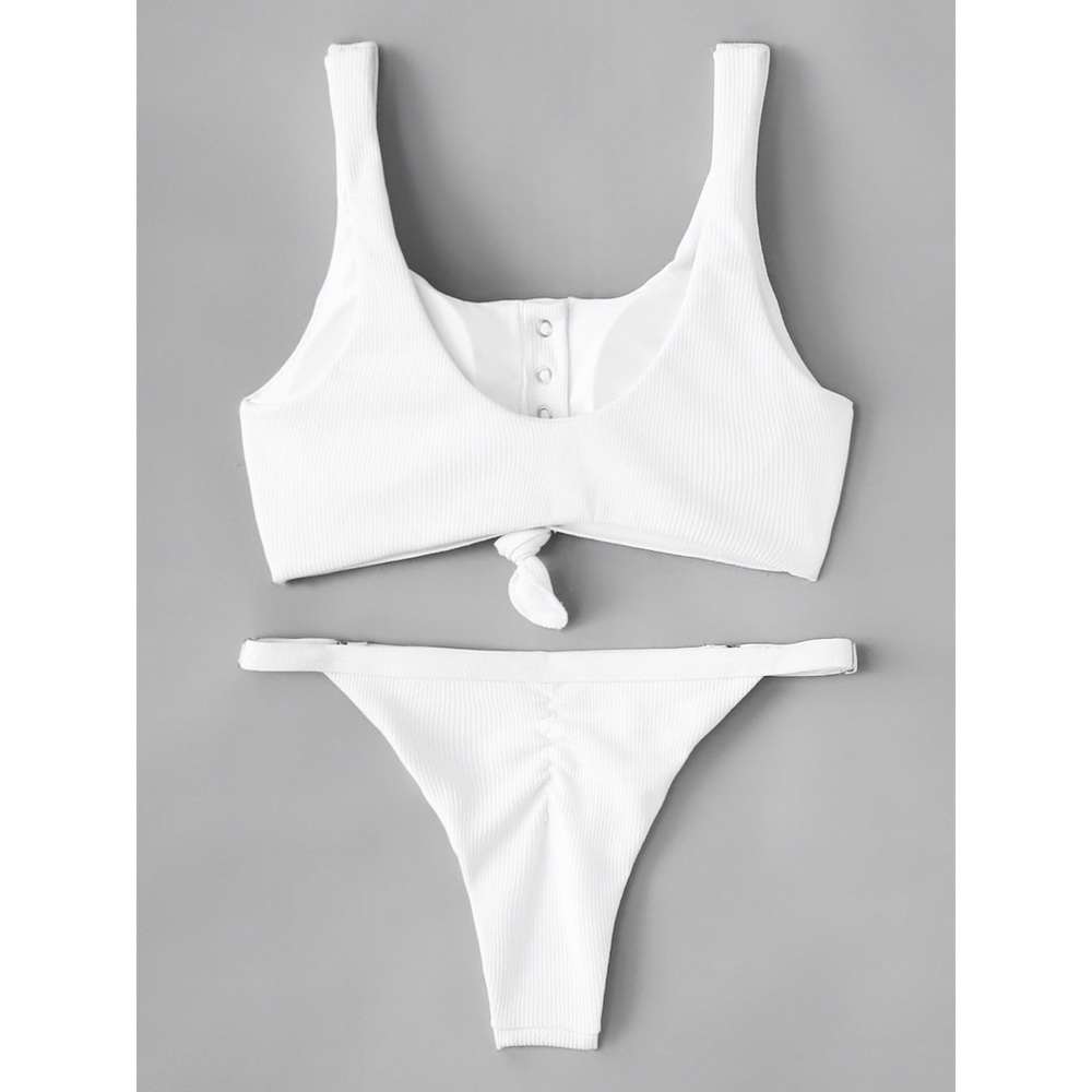 Ribbed bikini button up thong white swimsuit - Picture 3 of 3